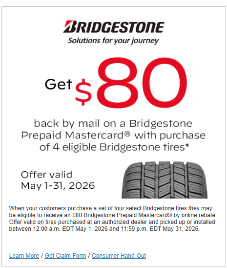 Get $80 back by mail on a Bridgestone Prepaid Mastercard