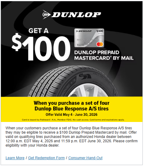 Get a $ 100 Dunlop Prepaid Mastercard