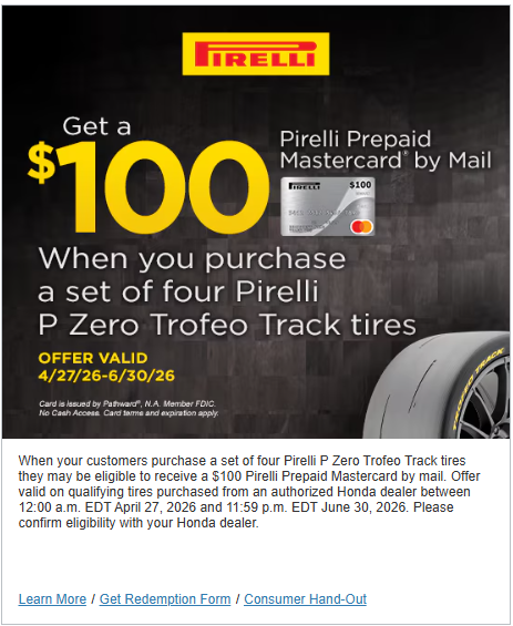 Get a $100 Pirelli Prepaid Mastercard